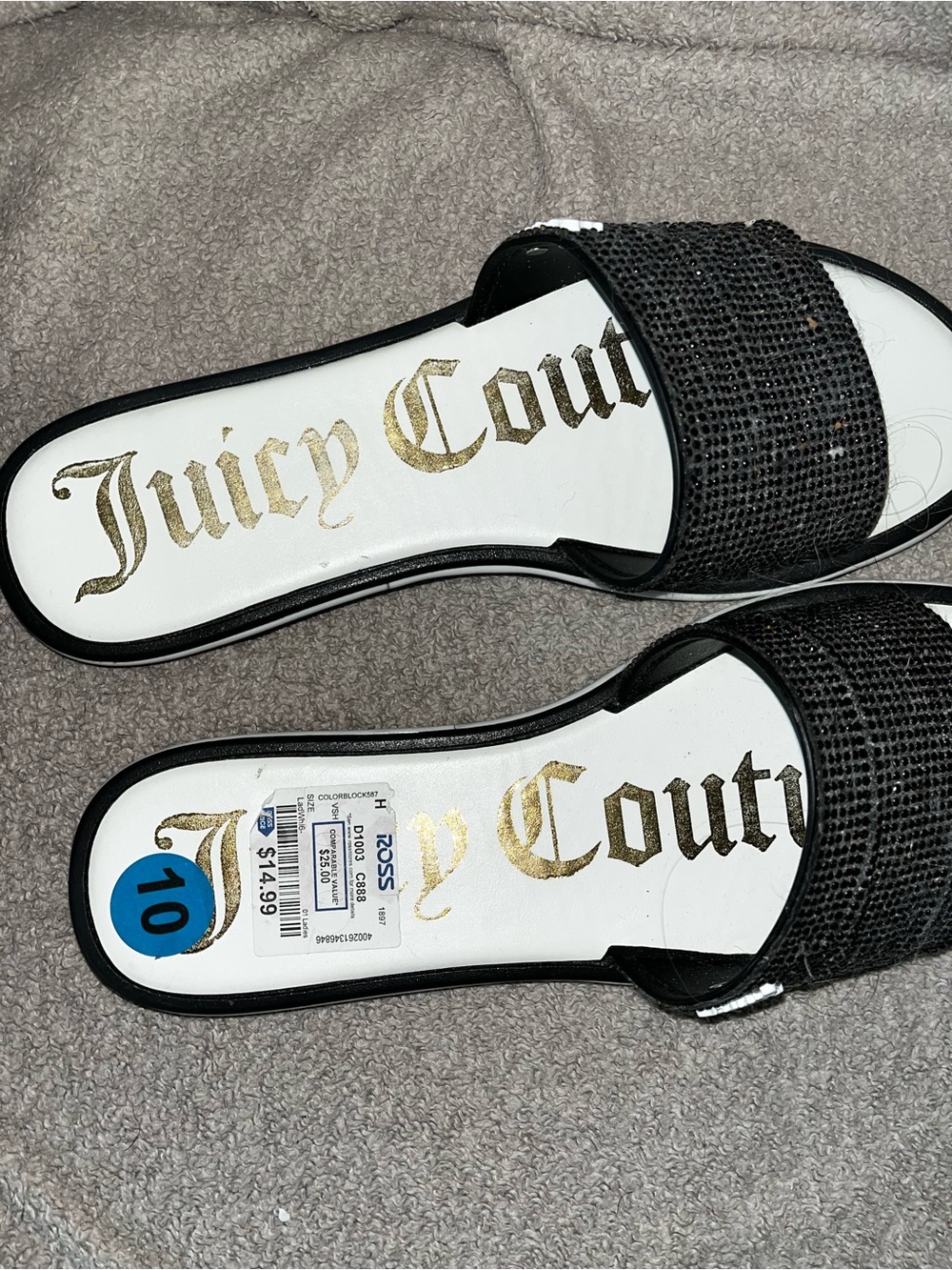 Juicy Couture Black Sequin Slide Sandals with Gold Logo Insole - Picture 3 of 4